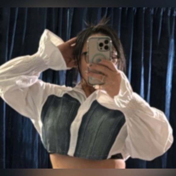 Shirt White Denim Crop Top Woman’s Comfort - Picture 9 of 13